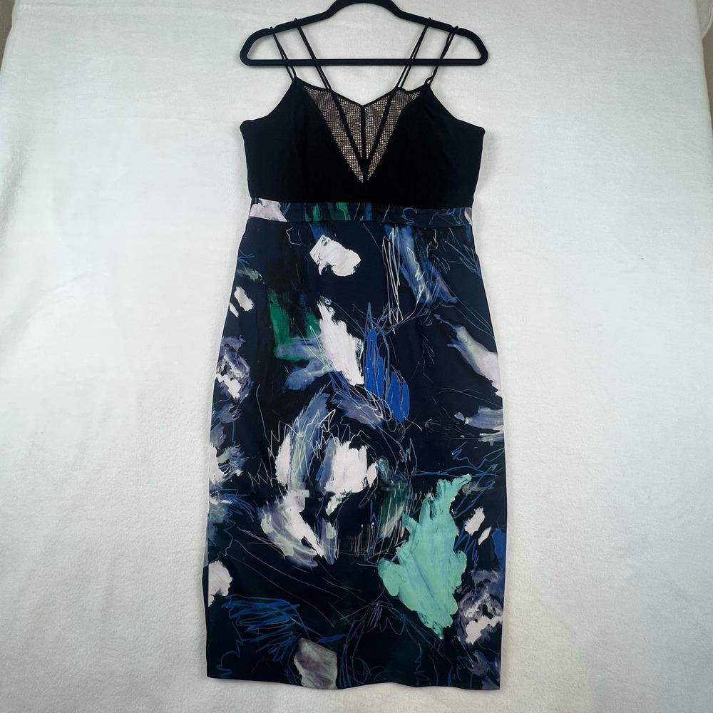 Chelsea28 Abstract Print Midi Dress Women's 8 Navy Blue Mesh Strappy Cocktail